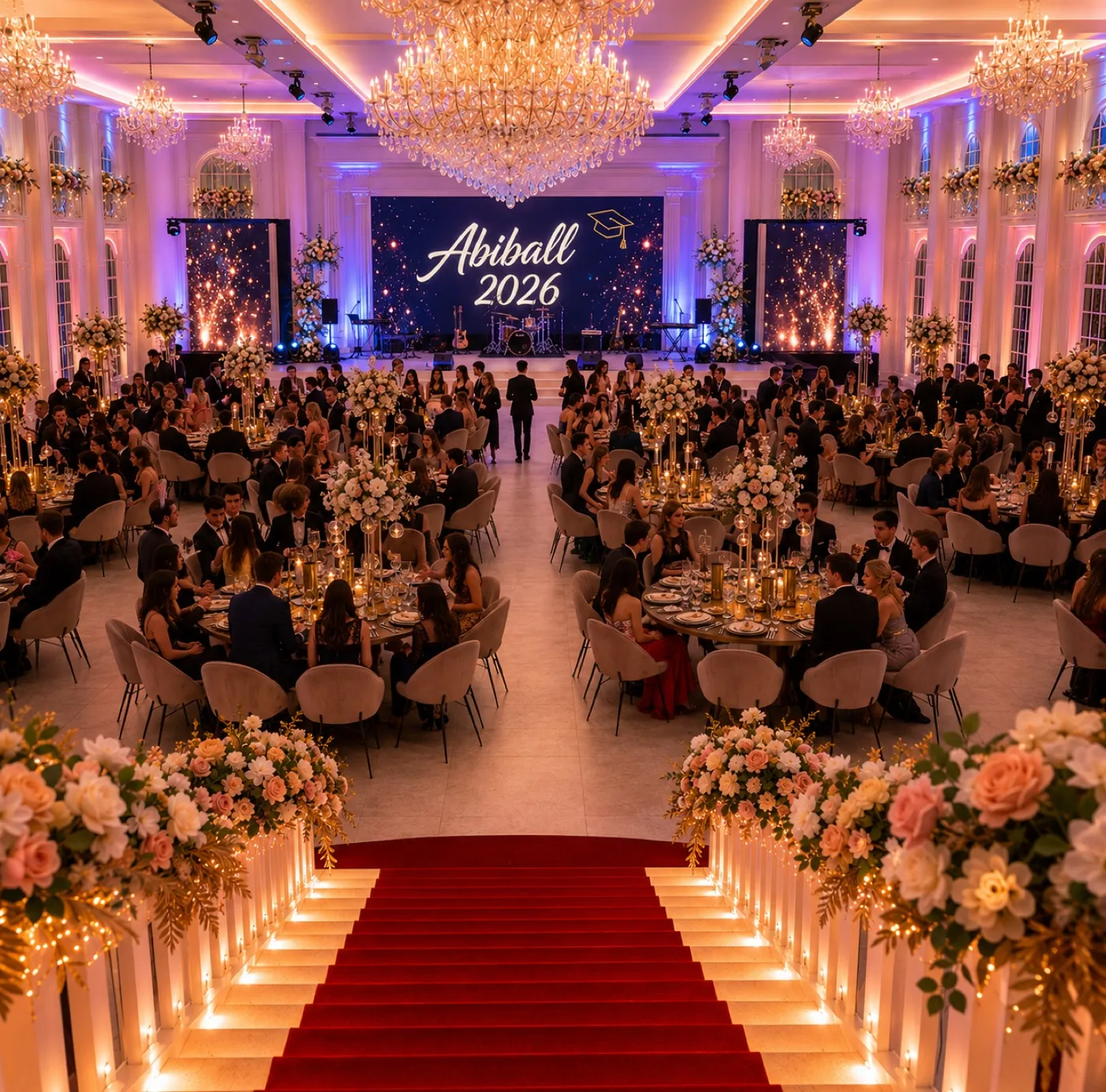 Abiball 2026 im Royal Dream – festlich eingedeckter Saal mit roter Teppich-Treppe