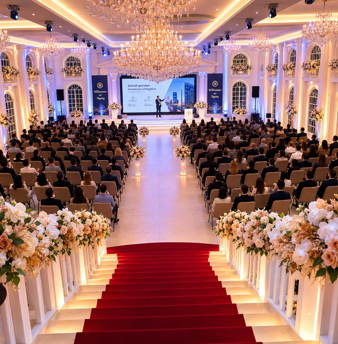 Konferenz-Setup im Royal Dream – Bühne, Leinwand und Bestuhlung für bis zu 500 Gäste